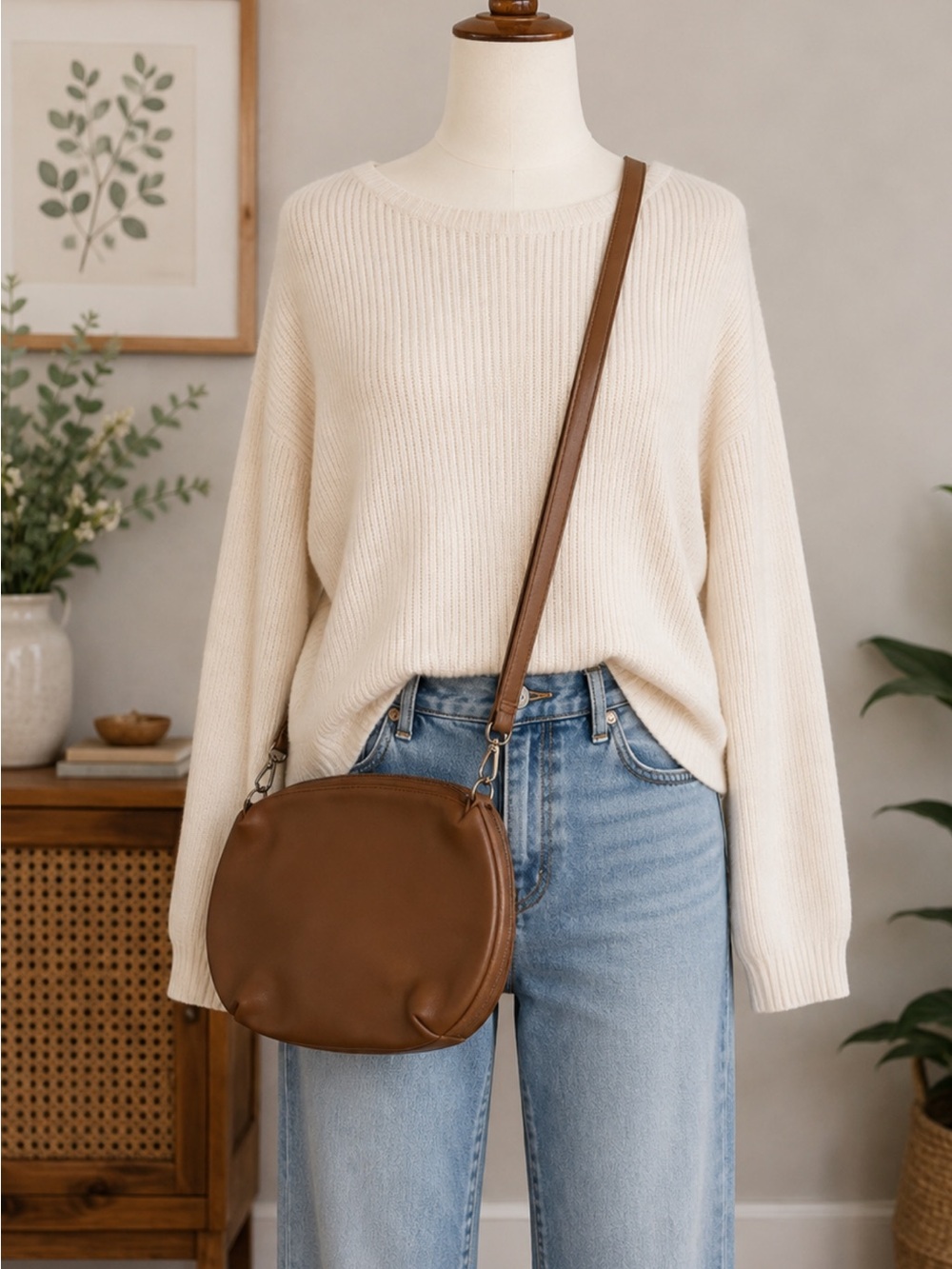 Classic Brown Round Crossbody Bag with Adjustable Strap